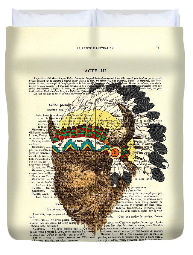 Dictionary Art Duvet Cover featuring the digital art American Bison - Buffalo With Indian Headdress by Madame Memento
