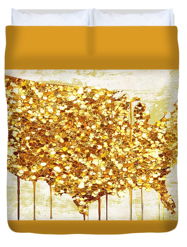 Usa Duvet Cover featuring the painting Glitter Gold American Map by Mindy Sommers