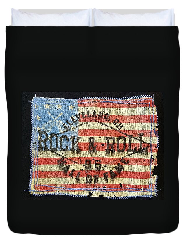 U.s. Flag Duvet Cover featuring the photograph American Flag And The Rock And Roll Hall Of Fame by Rob Hans