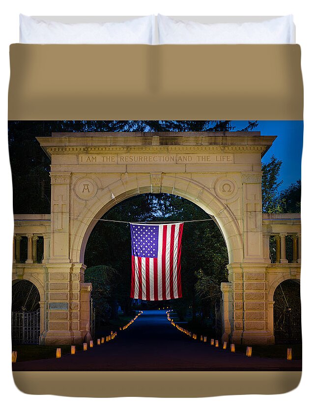 Memorial Day Duvet Cover featuring the photograph American Flag at Cemetery Gates - Mystic CT by Kirkodd Photography Of New England