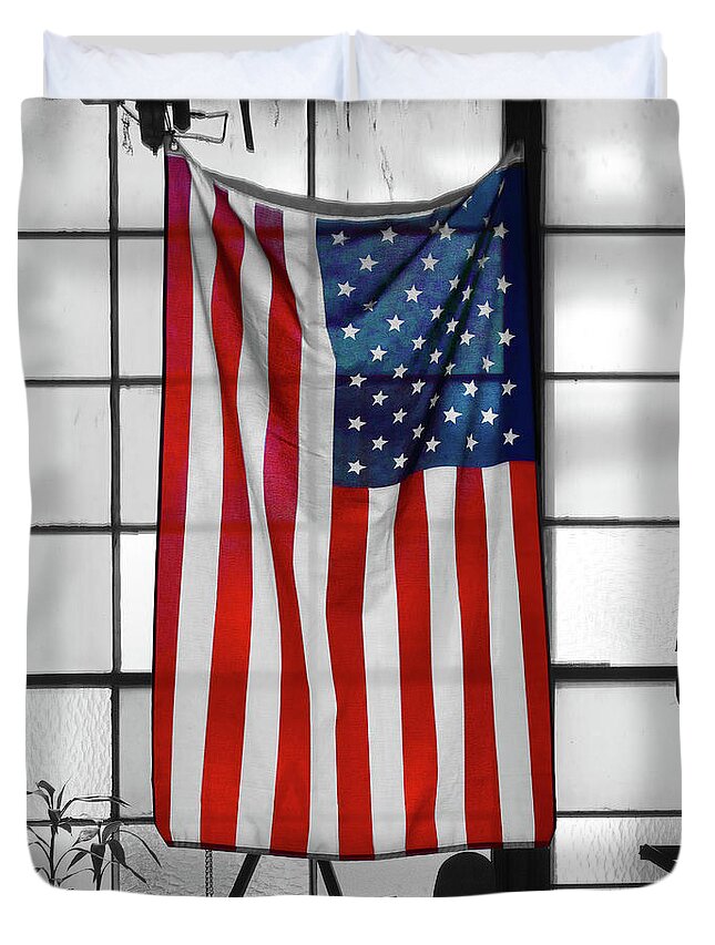 American Flag Duvet Cover featuring the photograph American Flag in the Window by Mike McGlothlen