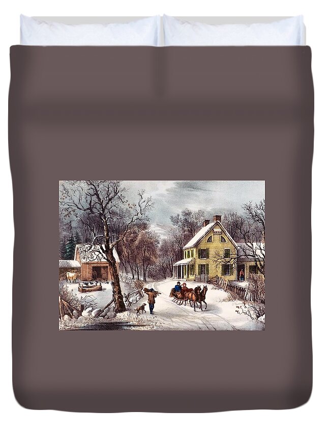 Winter Scene Duvet Cover featuring the painting American Homestead by Currier and Ives