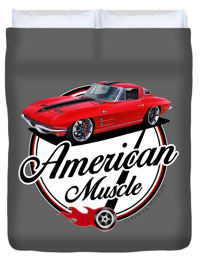 Corvette Duvet Cover featuring the digital art American Muscle in Red by Paul Kuras