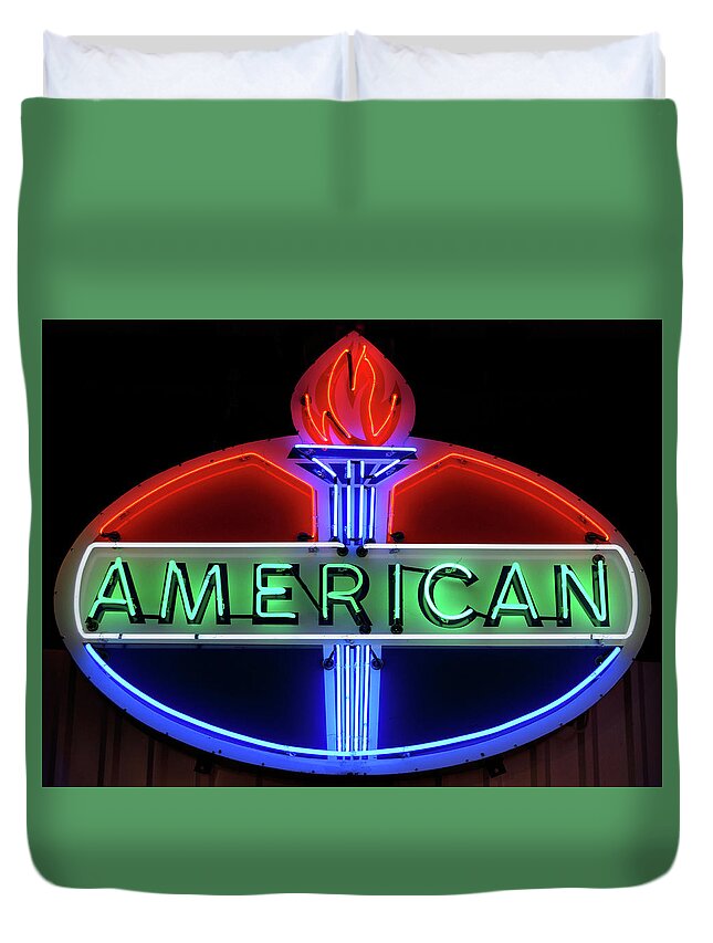 Sign Duvet Cover featuring the photograph American Oil Sign by Sandy Keeton