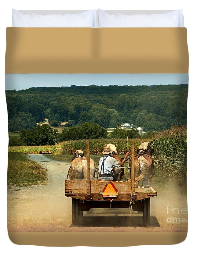 Amish Farmer Duvet Cover featuring the photograph Amish Farmer Three Horses by Beth Ferris Sale