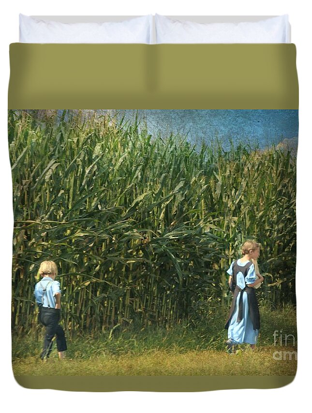 Amish Duvet Cover featuring the photograph Amish Siblings In Cornfield by Beth Ferris Sale