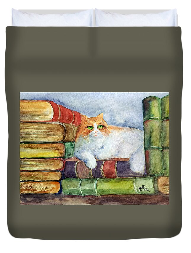 Cat Duvet Cover featuring the painting Among The Books by Faruk Koksal
