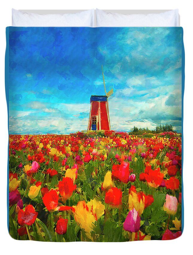 Flowers Duvet Cover featuring the digital art Amongst the Tulips by Dale Stillman