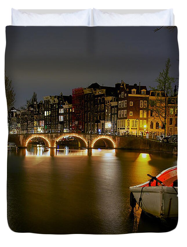 Amsterdam Duvet Cover featuring the photograph Amsterdam at Night by Peter Kennett