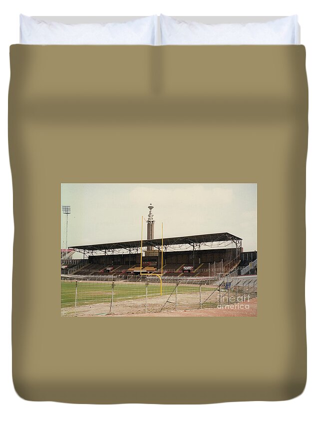 Ajax Duvet Cover featuring the photograph Amsterdam Olympic Stadium - East Side Grandstand and Marathon Tower - April 1996 by Legendary Football Grounds