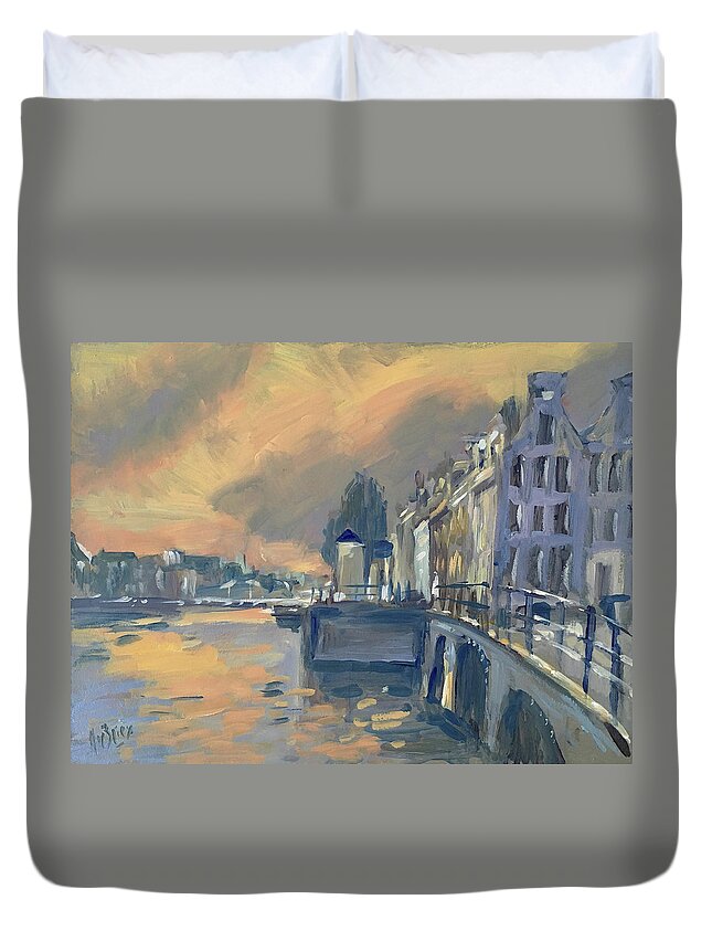 Amsterdam Duvet Cover featuring the painting Amsterdm Morning Light Amstel by Nop Briex