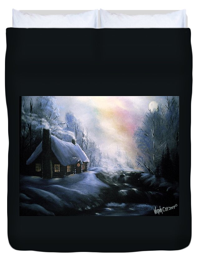 Alaska Alaskan Christmas Winter Cabin Scenery Duvet Cover featuring the painting An Alaskan Night by Verna Coy