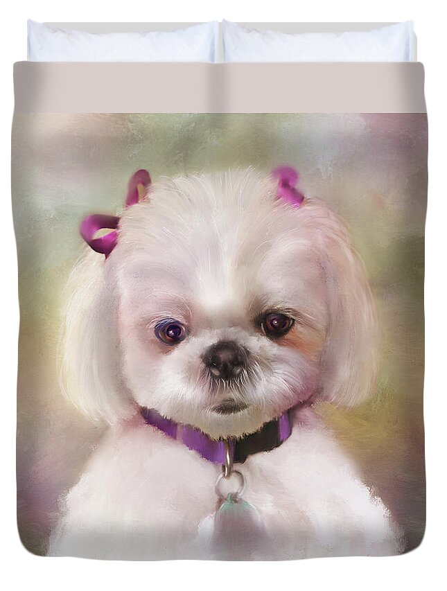 White Dogs Duvet Cover featuring the mixed media An Angel of Fluff by Colleen Taylor