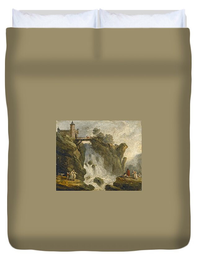 Hubert Robert Duvet Cover featuring the painting An Artist sketching with other Figures beneath a Waterfall by Hubert Robert