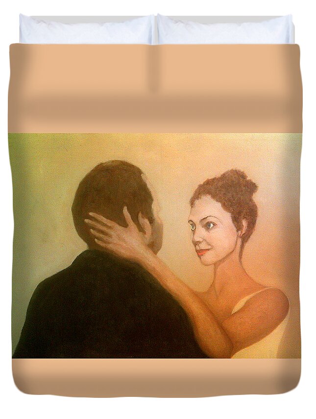 Young Brunette Woman Earnest Look Hand Back On Head Man Back Arm Bicep Duvet Cover featuring the painting An Earnest Look by Peter Gartner