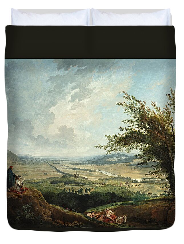 Hubert Robert Duvet Cover featuring the painting An Extensive Landscape near Paris by Hubert Robert