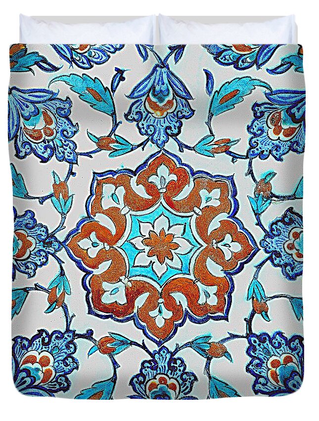  Duvet Cover featuring the painting An Iznik Polychrome Tile, Turkey, circa 1580, by Adam Asar, No 18b by Celestial Images
