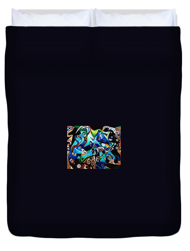 Abstract Acrylic Painting Metal Metalwork Embossing Embossed Gems Lapis Lazuli Onyx Ruby Spinel Duvet Cover featuring the painting Ancient Echoes by Wolfgang Schweizer