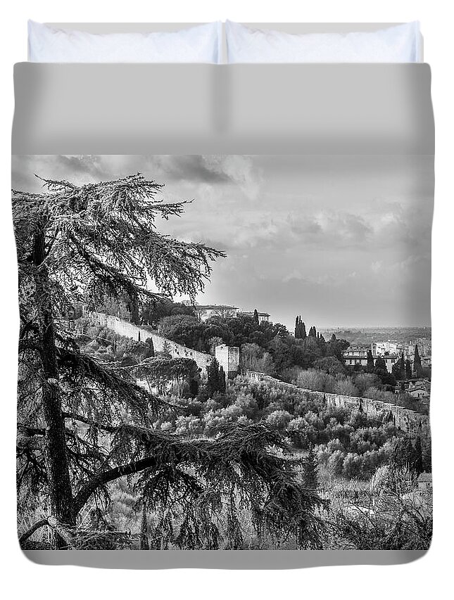 Florence Duvet Cover featuring the photograph Ancient Walls of Florence-BandW by Sonny Marcyan