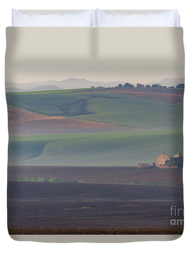 Landscape Duvet Cover featuring the photograph Andalusian Fields in Morning Mists by Heiko Koehrer-Wagner