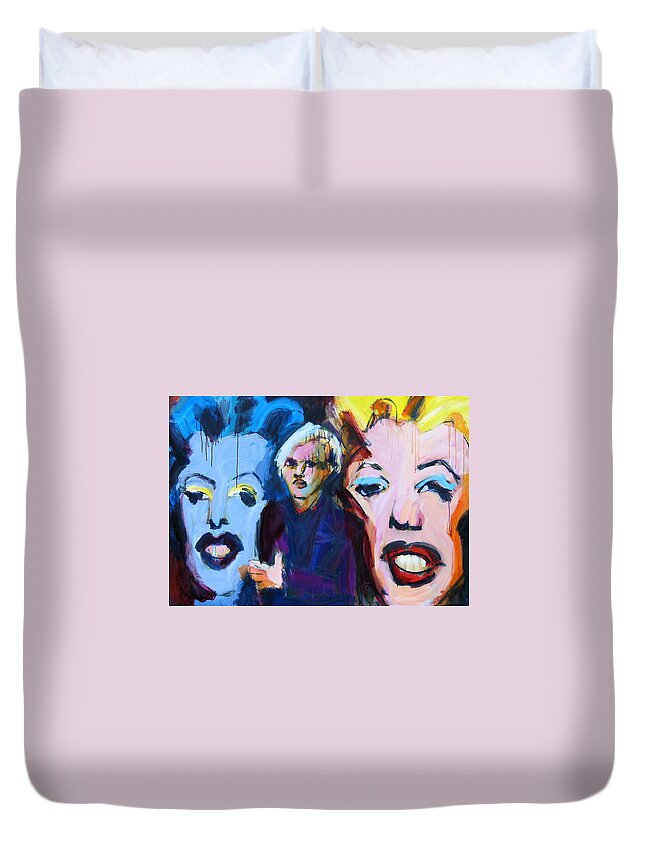 Andy Warhol Duvet Cover featuring the painting Andy's Monsters by Les Leffingwell