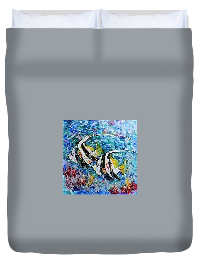 Angel Fish Duvet Cover featuring the painting Angel Fish by Jyotika Shroff