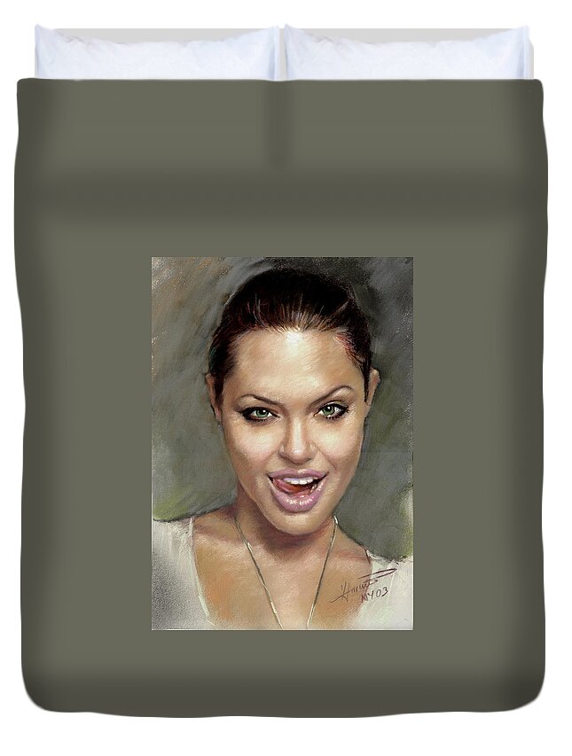 Angelina Jolie Duvet Cover featuring the pastel Angelina Jolie by Ylli Haruni