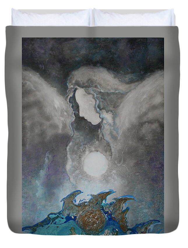 Angels Dolphins Duvet Cover featuring the painting Angels And Dolphins Healing Sanctuary by Alma Yamazaki