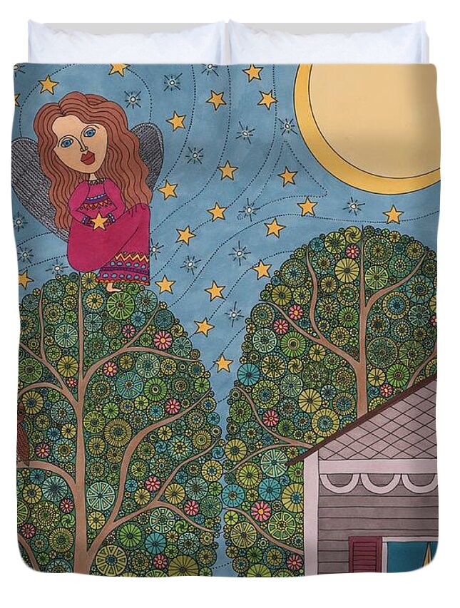 Angels Duvet Cover featuring the drawing Angels Are Watching by Pamela Schiermeyer