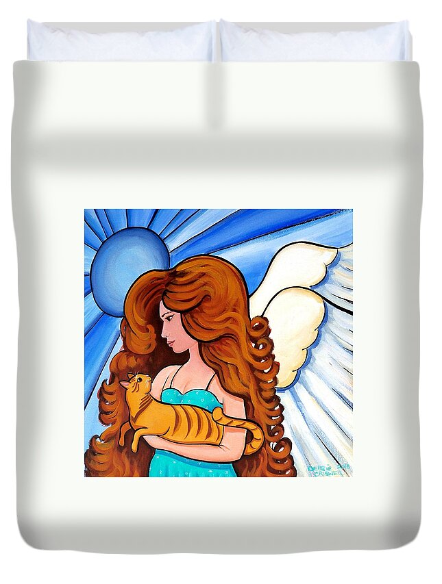 Angel Duvet Cover featuring the painting Angels Arms - cat angel portrait by Debbie Criswell
