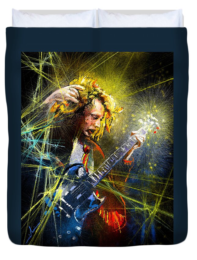 Music Duvet Cover featuring the painting Angus Young by Miki De Goodaboom