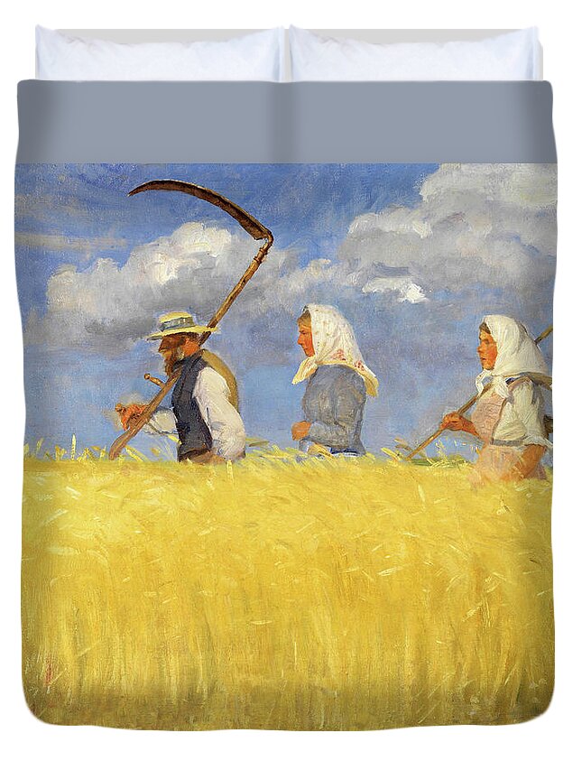 Anna Ancher Duvet Cover featuring the painting Anna Ancher Harvesters 1905 by Movie Poster Prints