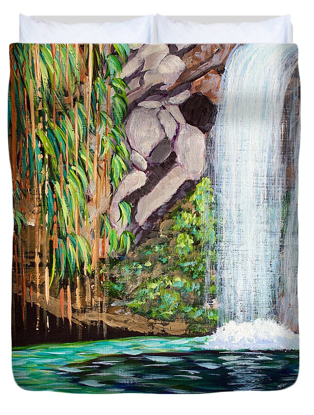 Annandale Waterfall Duvet Cover featuring the painting Annandale Waterfall by Laura Forde