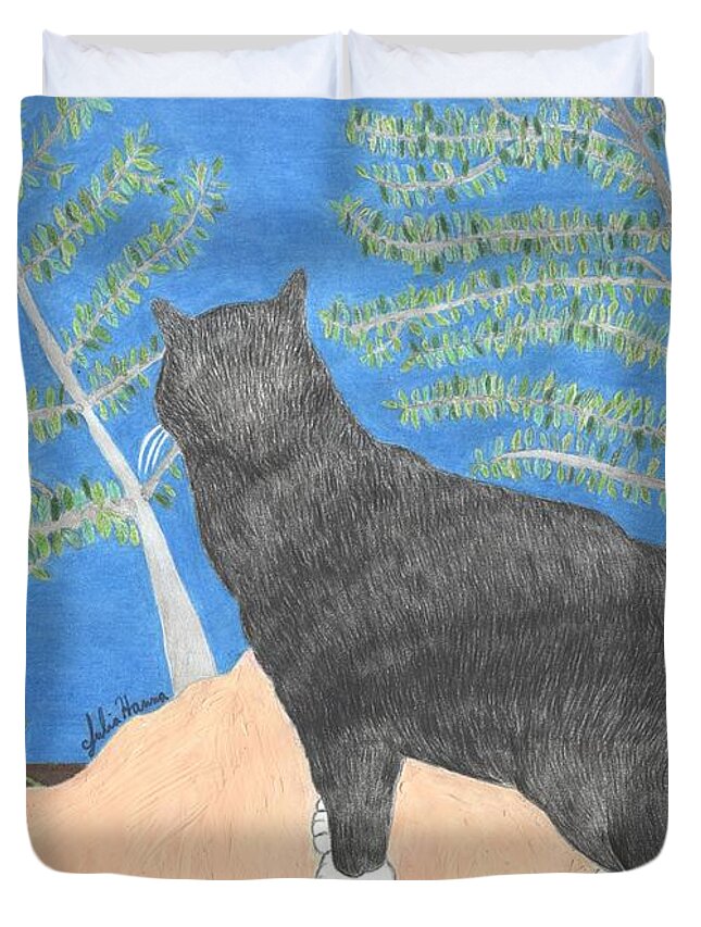 Colored Pencils Duvet Cover featuring the drawing Annie The Cat Looking Over The Hillside by Julia Hanna