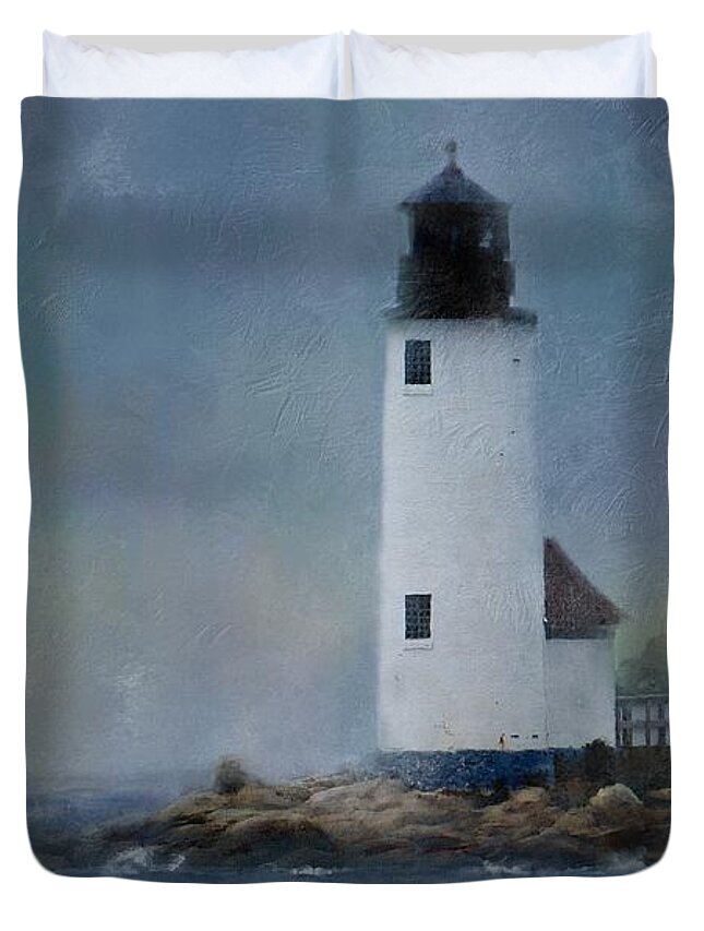 Lighthouse Duvet Cover featuring the digital art Anisquam Rain by Sand And Chi