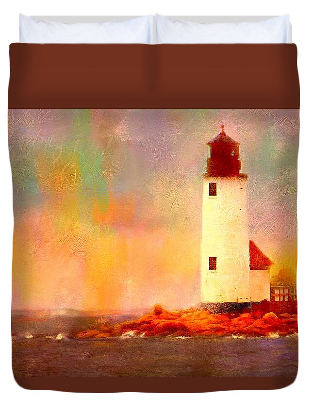 Lighthouse Duvet Cover featuring the painting Annisquam Rainbow by Sand And Chi