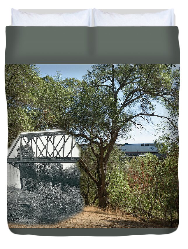 Amtrak Duvet Cover featuring the photograph Antelope Creek Railroad Bridge - then and now by Jim Thompson