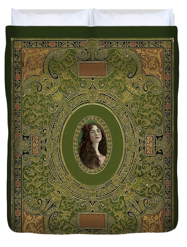 Antique Duvet Cover featuring the photograph Antique Book Cover with Cameo - Green and Gold by Peggy Collins