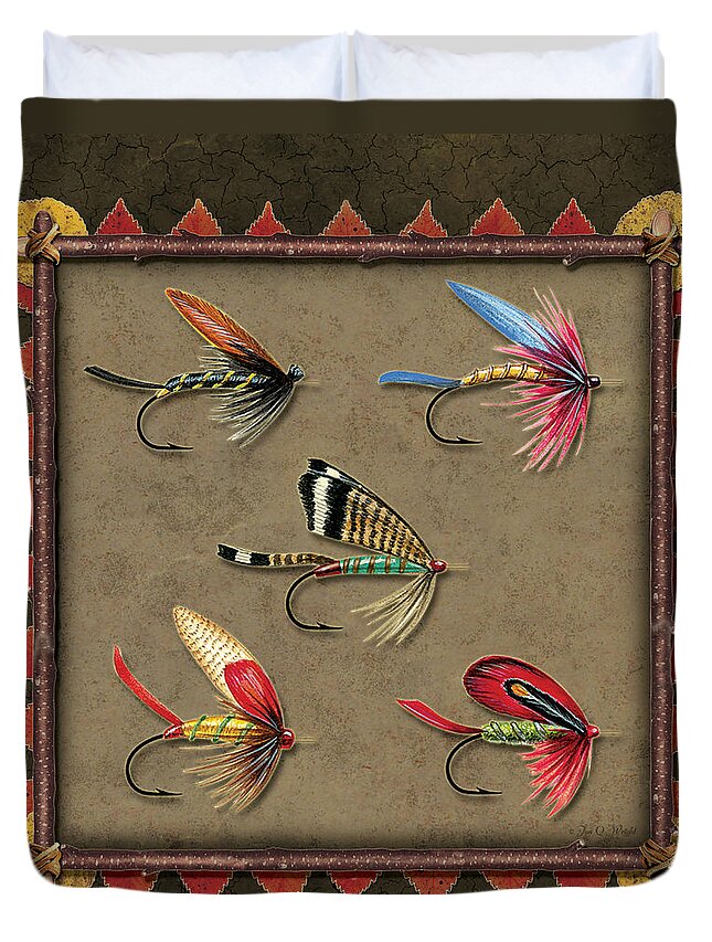 Jon Q Wright Jq Licensing Trout Fly Flyfishing Brown Trout Rainbow Trout Brook Trout Cutthroat Trout Fishing Lodge Cabin Duvet Cover featuring the painting Antique Fly Panel by JQ Licensing