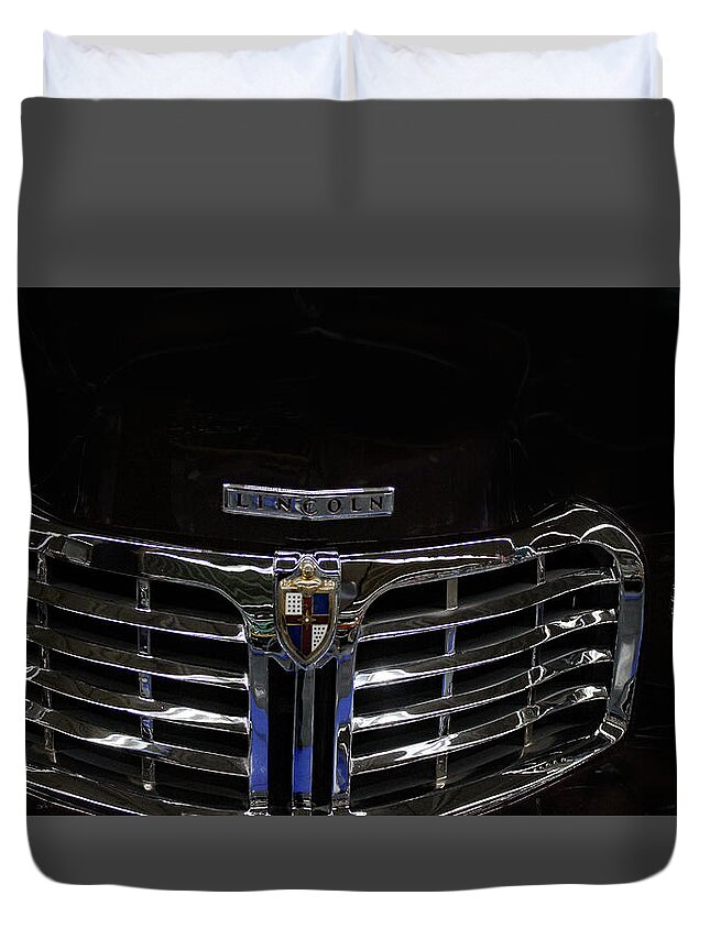 Automobiles Duvet Cover featuring the photograph Antique Lincoln Front Grille-Emblem-Turn Signal by DB Hayes