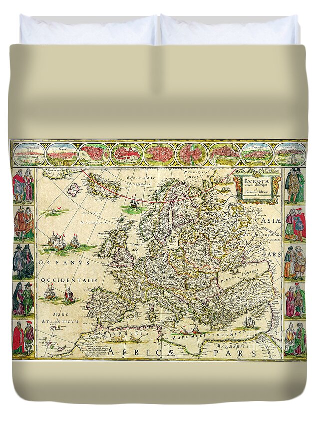 Antique Duvet Cover featuring the painting Antique Maps of the World Map of Europe Willem Blaeu c 1650 by Vintage Collectables