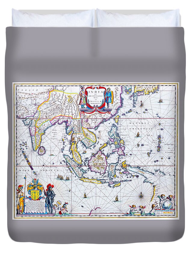 Antique Maps Of The World Duvet Cover featuring the painting Antique Maps of the World Map of South East Asia Willem Blaeu c 1650 by Vintage Collectables