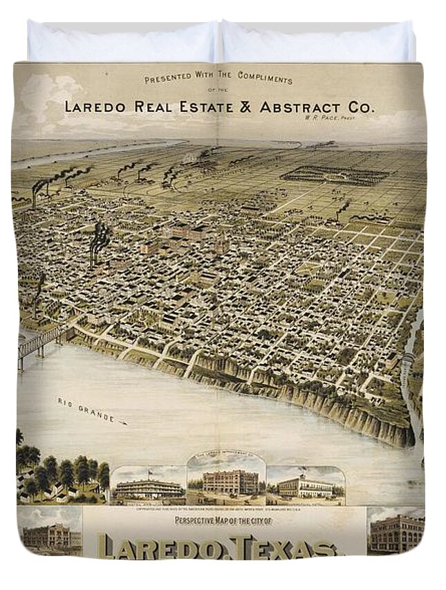 Antique Birds Eye View Map Of Laredo Duvet Cover featuring the drawing Antique Maps - Old Cartographic maps - Antique Birds Eye View Map of Laredo, Texas, Mexico, 1892 by Studio Grafiikka