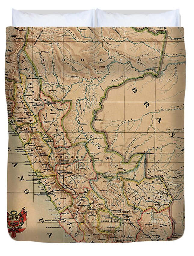 Antique Map Of Peru Duvet Cover featuring the drawing Antique Maps - Old Cartographic maps - Antique Map of Peru, South America, 1913 by Studio Grafiikka