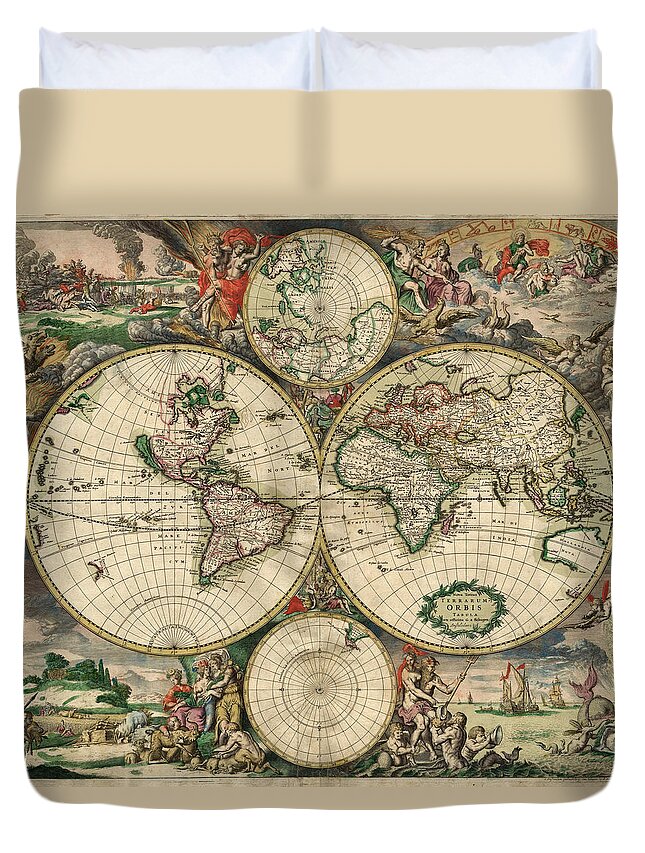Antique Map Of The World Duvet Cover featuring the drawing Antique Maps - Old Cartographic maps - Antique Map of the World, Double hemisphere, 1689 by Studio Grafiikka