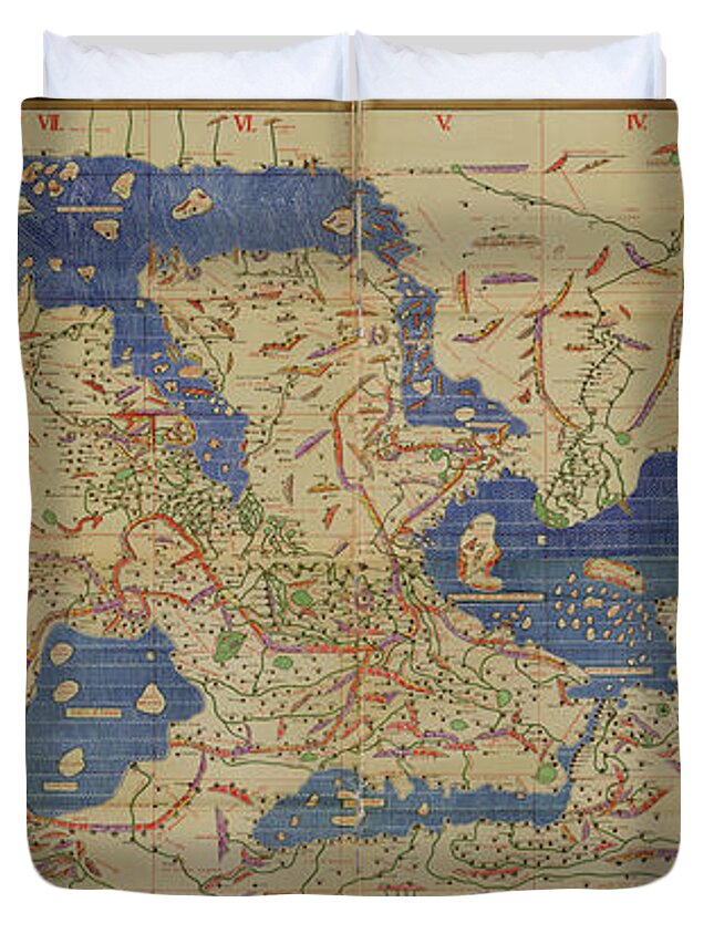 Antique Map Of The World By Idrisi Duvet Cover featuring the drawing Antique Maps - Old Cartographic maps - Antique World Map by Idrisi by Studio Grafiikka