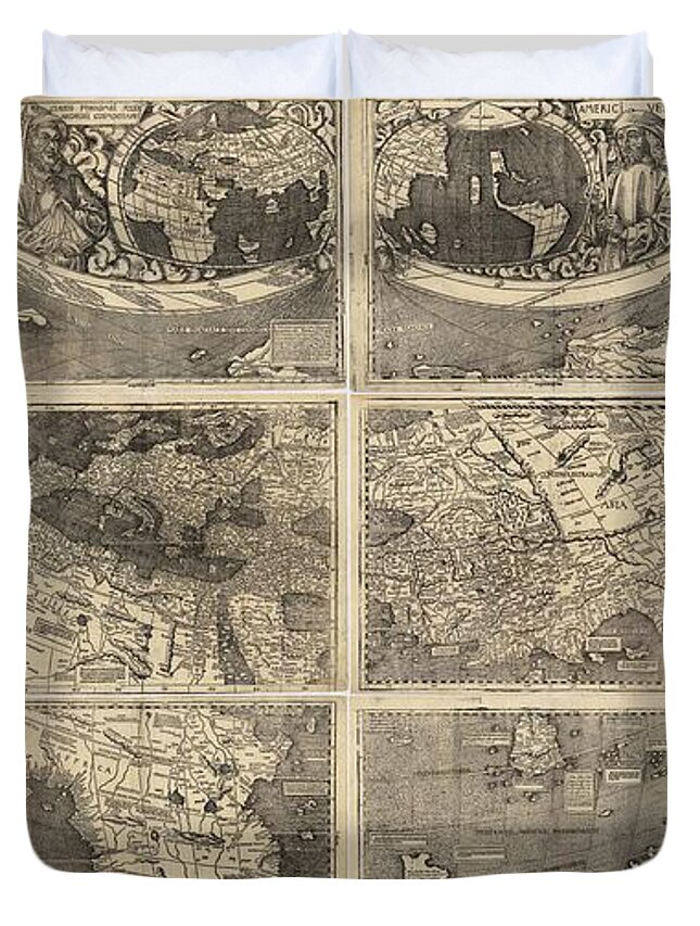 Illustrated Map Of The World Duvet Cover featuring the drawing Antique Maps - Old Cartographic maps - illustrated Map of the World by Studio Grafiikka