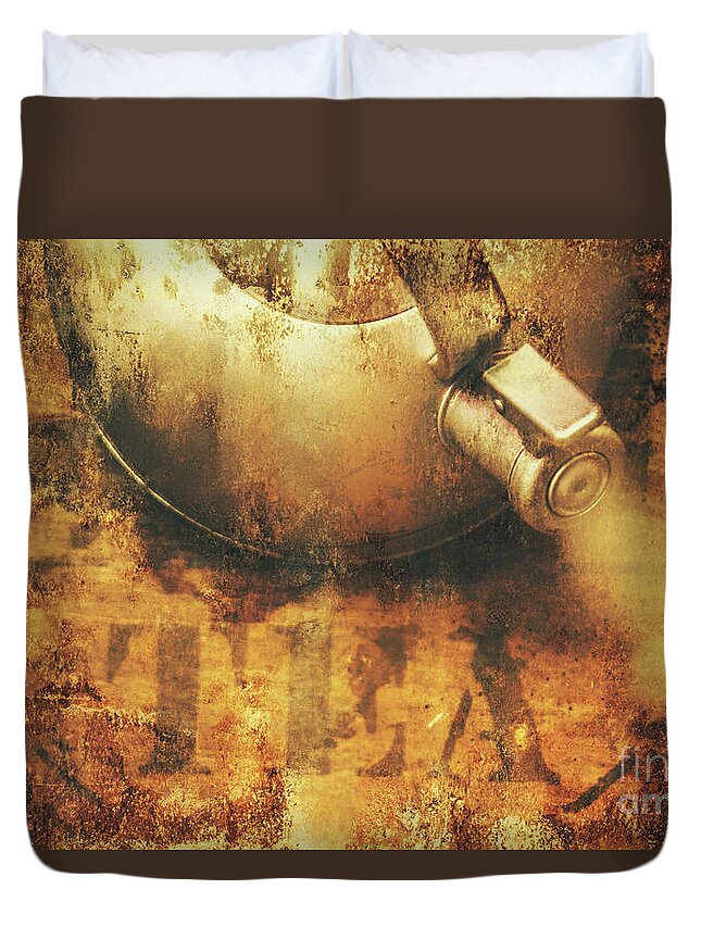 Old Duvet Cover featuring the photograph Antique old tea metal sign. Rusted drinks artwork by Jorgo Photography