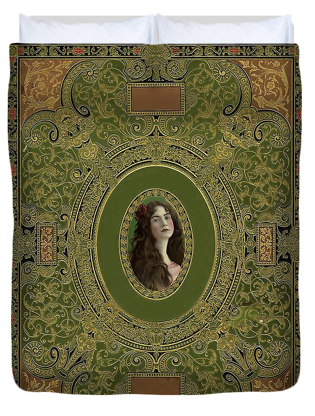 Vintage Duvet Cover featuring the photograph Antique Ornate Book Cover - Green Gold and Brown by Peggy Collins