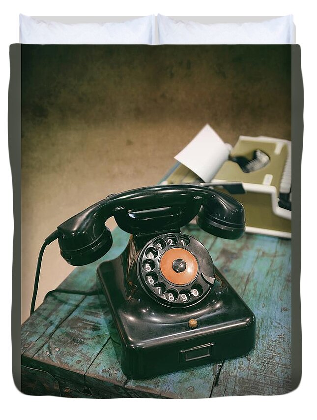 Antique Duvet Cover featuring the photograph Antique telephone and typewriter by Carlos Caetano